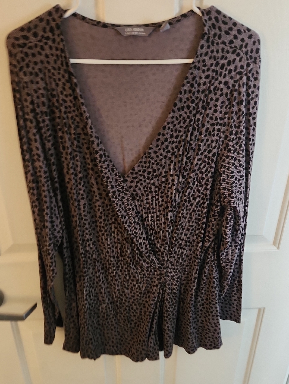 Lisa Rinna Collection Purple and Black Dotted Faux-Wrap Tunic Top